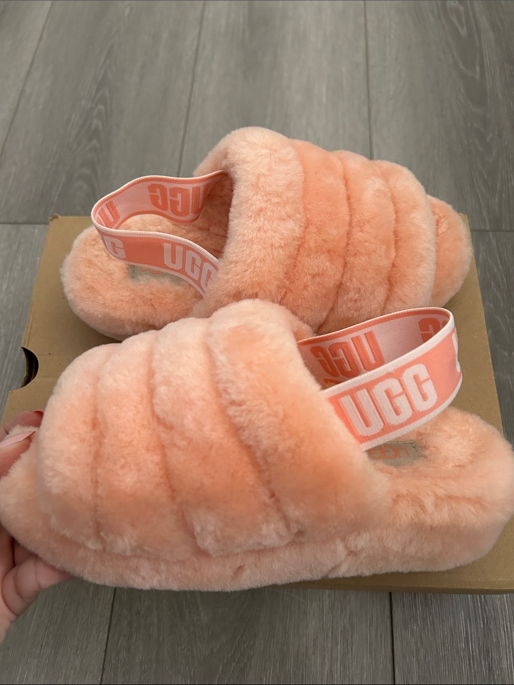 UGG Fluff Slider Sheepskin Slides in Peach